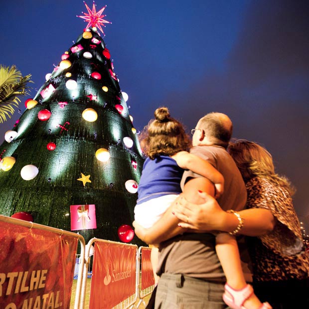 Famlia observa rvore de Natal no parque Ibirapuera, na zona sul de So Paulo
