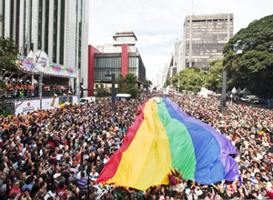 Gay Parada 2012 going across Paulista avenue. 