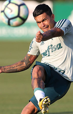 O jogador Dudu, do Palmeiras, durante treinamento