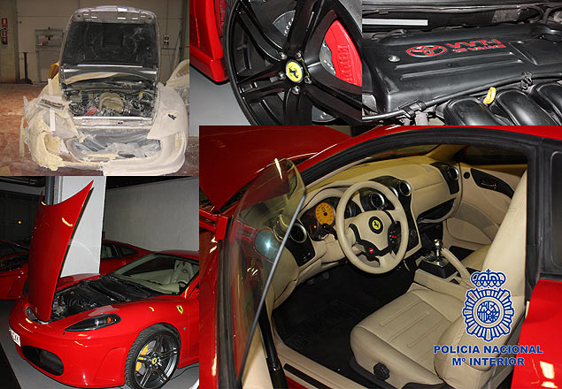 Montagem de fotos mostra detalhes das cópias de Ferrari; no alto, à direita, o motor Toyota 