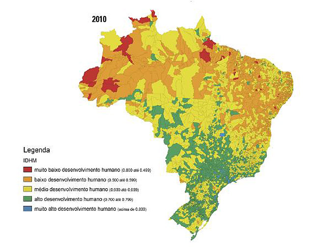 Mapa do ndice de Desenvolvimento Humano Municipal no Brasil; destaque para os indicadores de baixo desenvolvimento da regio nordeste