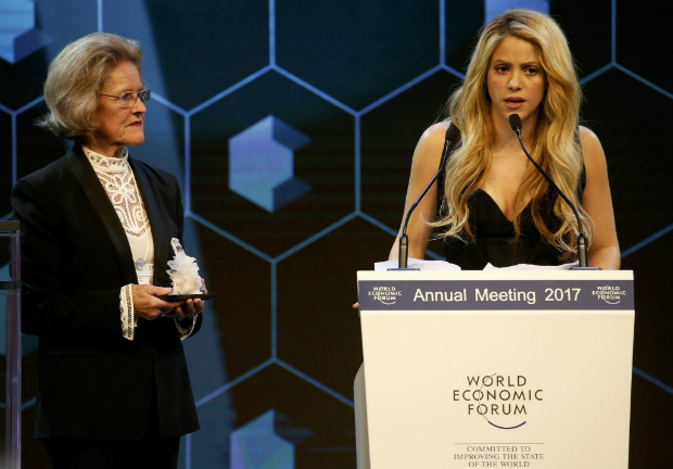 Colombian singer Shakira speaks after receiving the Crystal Award by Hilde Schwab, wife of World Economic Forum (WEF) Executive Chairman and founder Klaus Schwab during the annual meeting of the Forum in Davos, Switzerland January 16, 2017. REUTERS/Ruben Sprich ORG XMIT: STN112