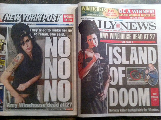 Tabloides de Nova York noticiam a morte de Amy Winehouse