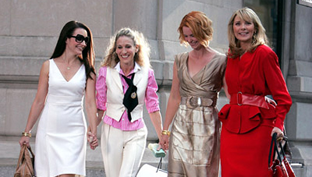 Kim Cattrall, Sarah Jessica Parker, Kristin Davis e Cynthia Nixon no primeiro filme da série "Sex and the City"