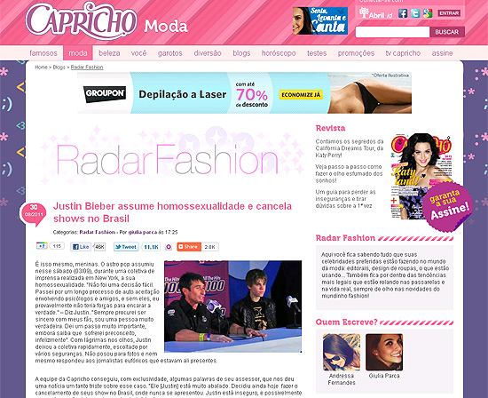 Imagem do blog Radar Fashion, que anuncia a homossexualidade de Justin Bieber; colunista da "Capricho" diz que site foi hackeado
