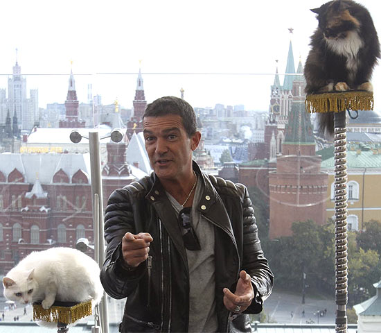Antonio Banderas e gatinhos durante a coletiva do filme "Puss In Boots"