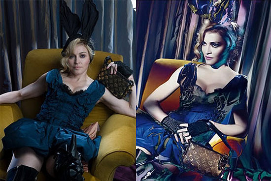 Madonna, sempre Photoshopadíssima, no antes e depois de anúncio