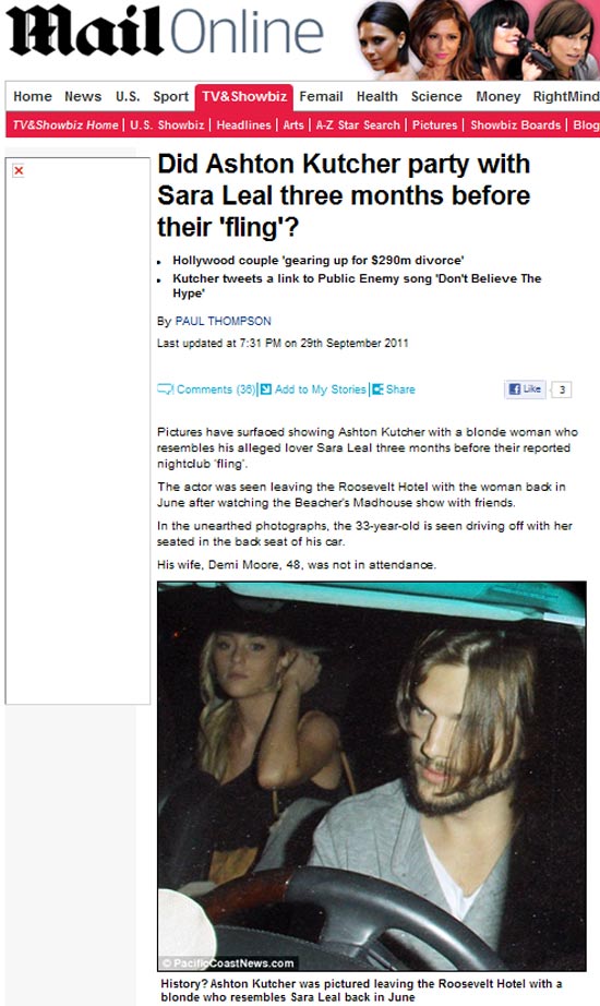 Reprodução do site Daily Mail, com a foto de Ashton Kutcher e Sara Leal