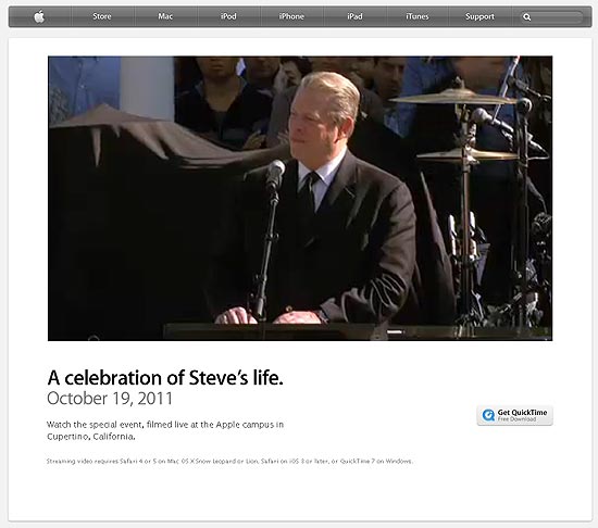 O ex-vice-presidente dos EUA Al Gore no vdeo do memorial de Steve Jobs, que est no site da Apple