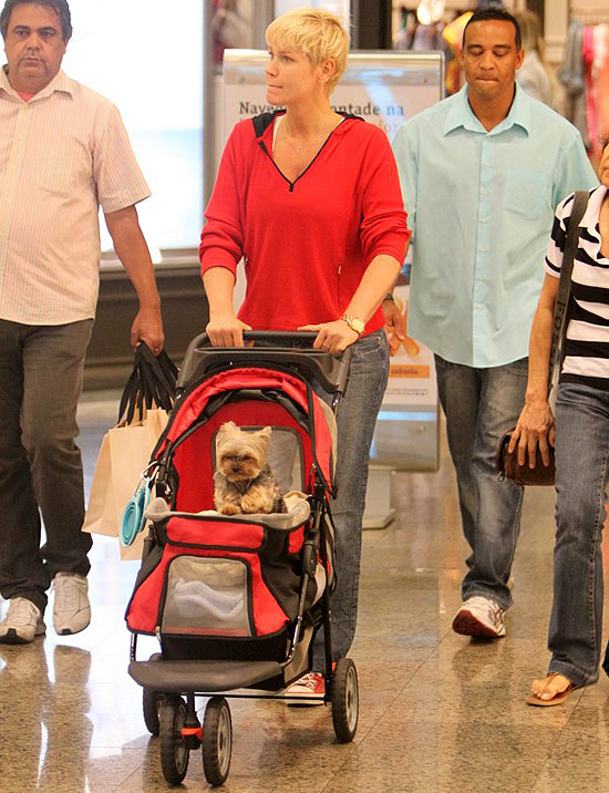 Xuxa com seu cachorrinho em shopping da Barra da Tijuca