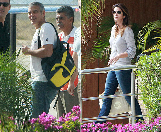À esq., George Clooney e sua entourage em Cabo San Lucas; à dir., a modelo Cindy Crawford no mesmo local