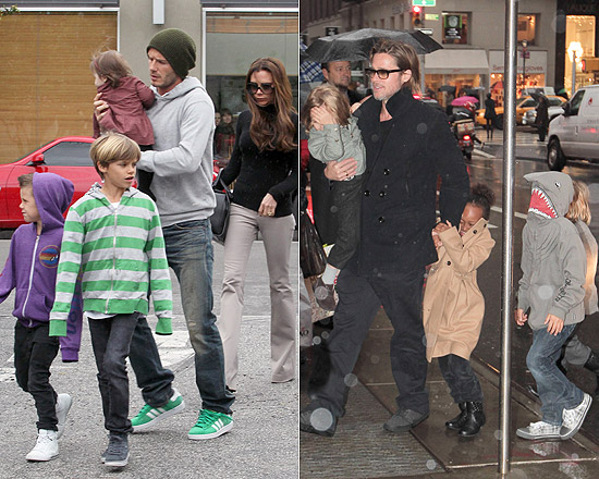 À dir., David e Victoria Beckham com os filhos; à esq. Brad Pitt com parte da prole