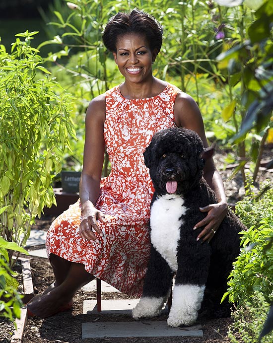 A primeira-dama dos Estados Unidos, Michelle Obama, com o cachorro Bo, que ela considera seu terceiro filho
