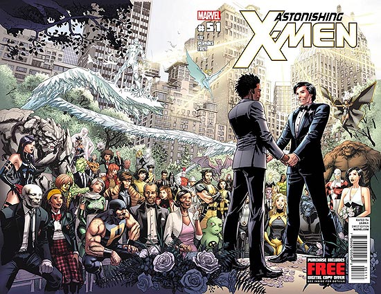 Capa da edição da HQ "Astonishing X-Men", em que o personagem Northstar pede a mão de seu namorado Kyle Jinadu