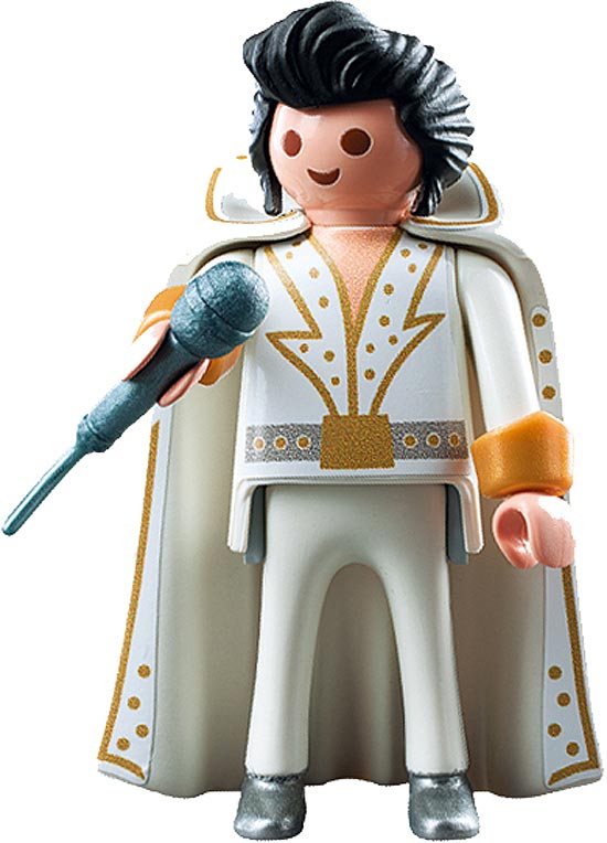 O cantor Elvis Presley, considerado o rei do rock, em versão Playmobil