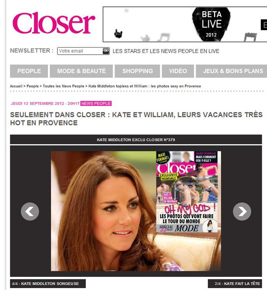 Site da revista francesa Closer traz capa da revista em que fotos de Kate Middleton de topless foram publicadas