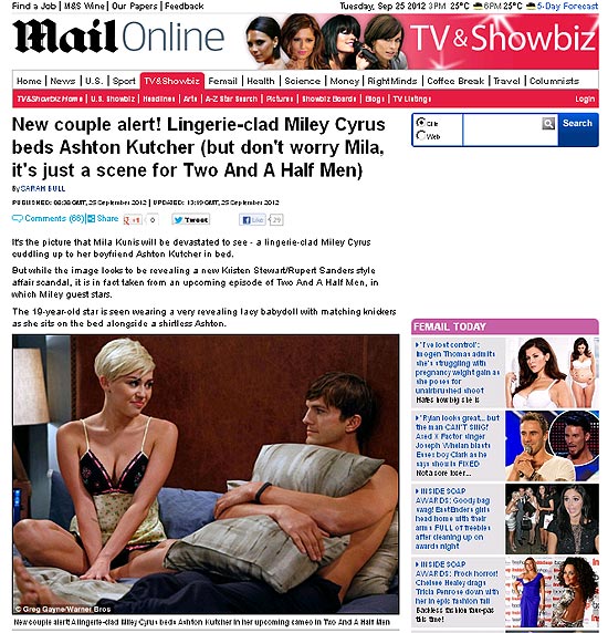 Miley Cyrus e Ashton Kutcher vão para cama juntos em episódio de "Two and a Half Men"