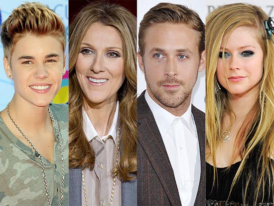 Justin Bieber e seus primos canadenses, Céline Dion, Ryan Goslin e Avril Lavigne