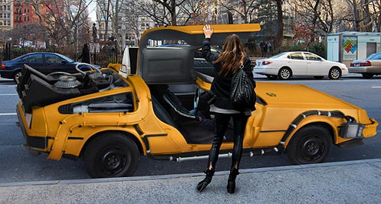 Mulher finge pegar táxi futurístico
