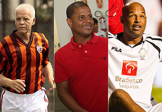 Da esq. para dir.: O ex-jogador do Palmeiras, Ademir da Guia, o ex-jogador de futebol Marcelinho Carioca; e Dinei