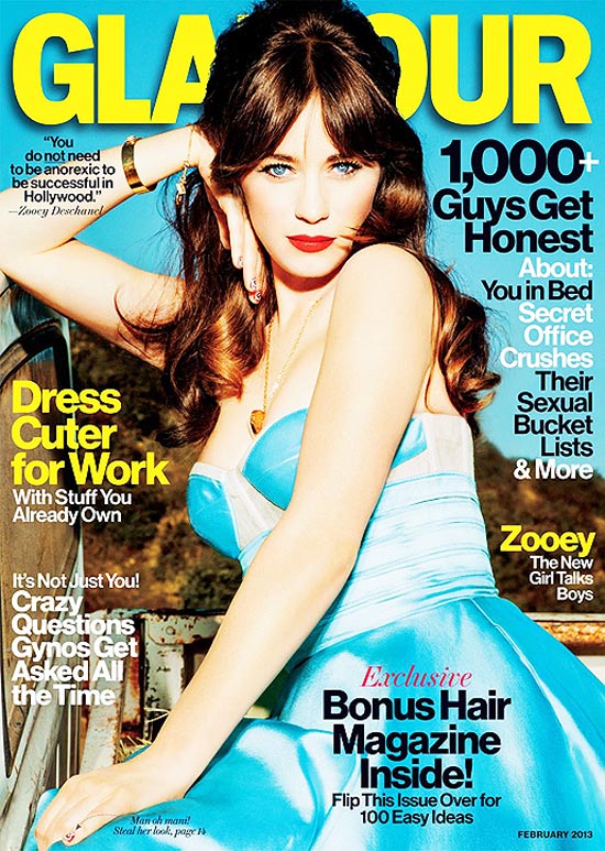A atriz Zooey Deschanel é capa da revista "Glamour" em fevereiro de 2013