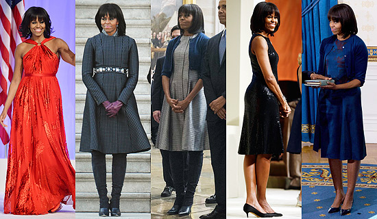 Michelle Obama com vestido vermelho de Jason Wu (esq.), com casaco estampa de Thom Brownedo, de vestido Thom Browne e cardigã Reed Krakoff (centro), com vestido de patês Michael Kors e vestido azul de Reed Krakoff (dir.)