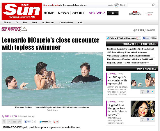 Site do jornal "The Sun" publica foto de Leonardo DiCaprio no mar com uma banhista de topless