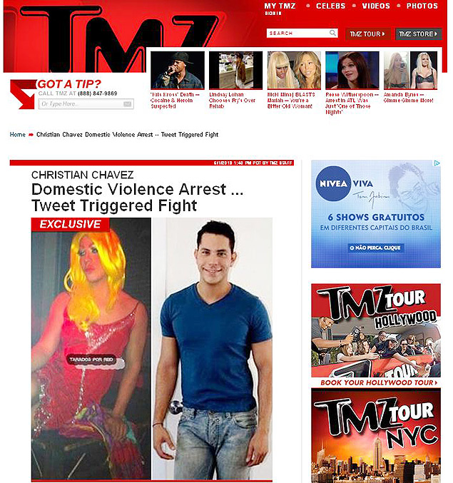 Reprodução do site "TMZ" que mostra a suposta foto de Christian Chavez vestido de mulher