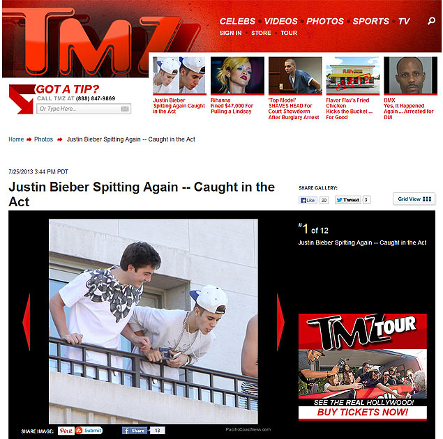 Site americano "TMZ" mostra fotos de Justin Bieber cuspindo nos fãs da sacada de hotel em Toronto, no Canadá