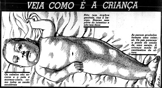 Reprodução de página do 'Notícias Populares' de 27 de julho de 1990, em que infográfico descrevia o bebê-sereia