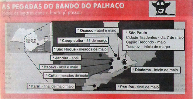 Infográfico do 'Notícias Populares', em 30 de maio de 1995, exibiu os locais em que havia relatos da Gangue do Palhaço 