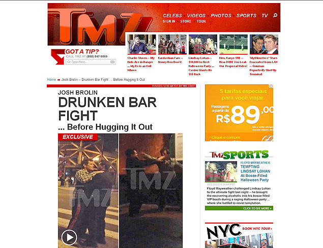 Bêbado, o ator Josh Brolin briga na saída de um bar