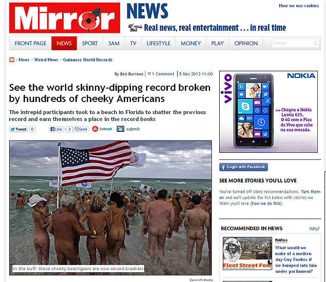 Americanos tentam bater recorde mundial como maior banho de mar nudista em Haulover, em Miami