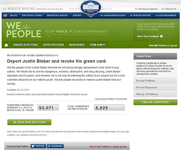 Petição no site da Casa Branca pede a deportação de Justin Bieber