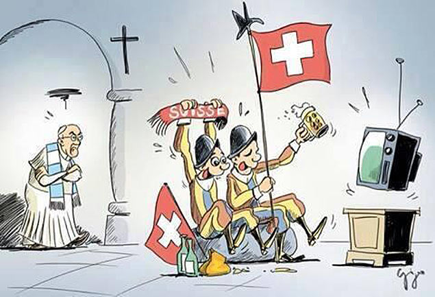 Charge mostra Papa Francisco bravo com os guardas suos torcendo na Copa do Mundo