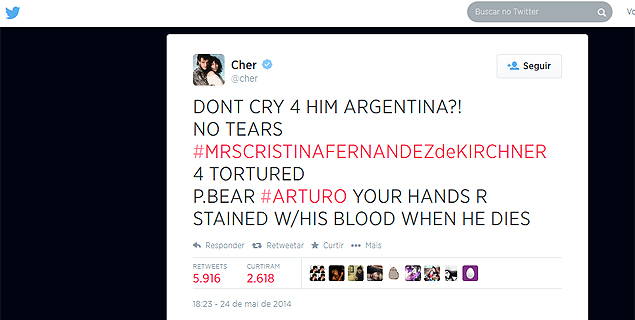 A cantora e atriz Cher se juntou ao grupo que pede a libertação do urso polar