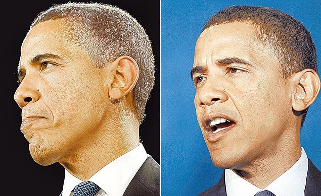 Fotomontagem mostra a diferença nos cabelos de Barack Obama: à esq. em fevereiro, mais grisalho após dois meses como presidente dos Estados Unidos; à dir., mais escuro, em setembro de 2008, quando ainda era senador e candidato