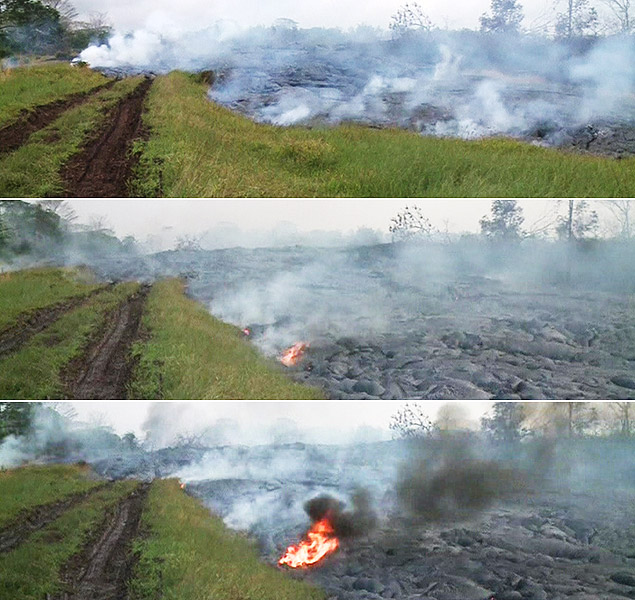 Um vídeo acelerado mostra o avanço da lava expelida pelo vulcão Kilauea, no Havaí, durante duas horas.