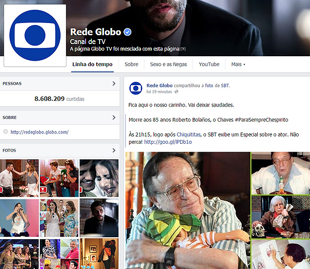 Globo compartilha foto do SBT sobre a morte de Roberto Bolaños