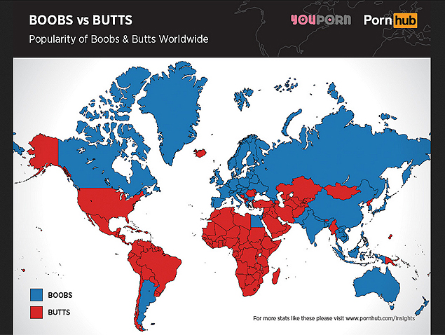 Mapa mundi separa os países que preferem seios (azul) dos que preferem bunda (vermelho)