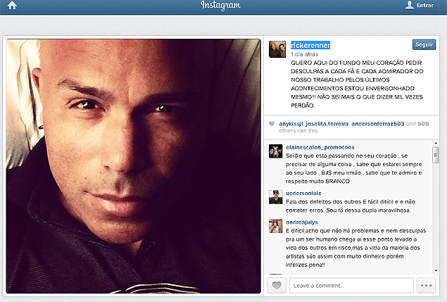 Cantor Rick pede se desculpa após acidente do parceiro Renner em perfil no Instagram