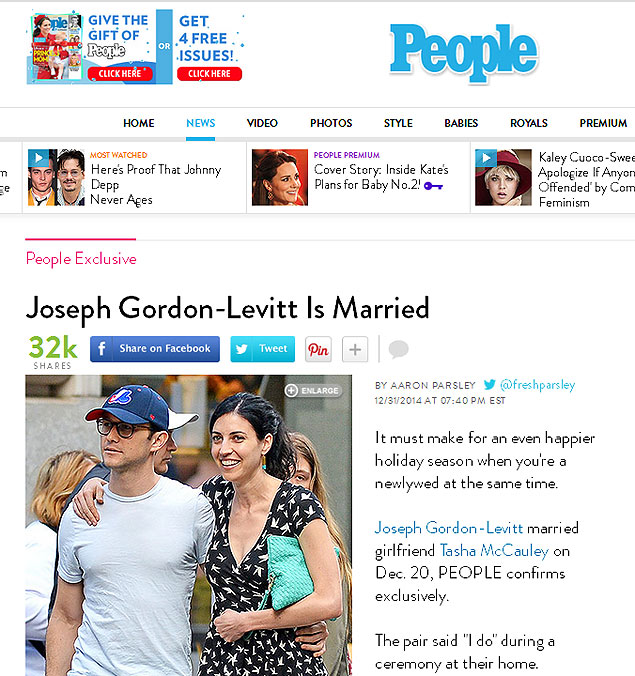 Joseph Gordon-Levitt se casa com a namorada, Tasha McCauley, segundo a revista "People"