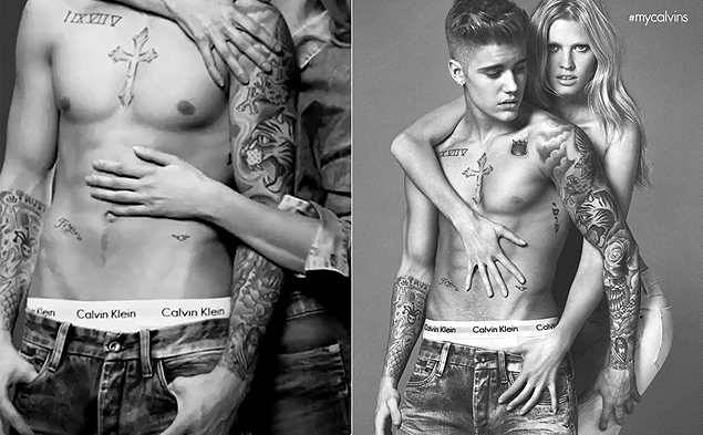 Campanha Primavera 2015 da Calvin Klein com o cantor Justin Bieber e a modelo Lara Stone