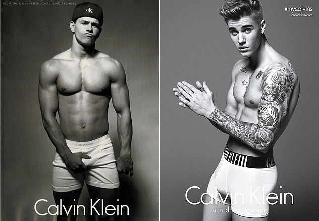 Mark Whalberg em campanha para Calvin Klein em 1992 e Justin Bieber em 2015