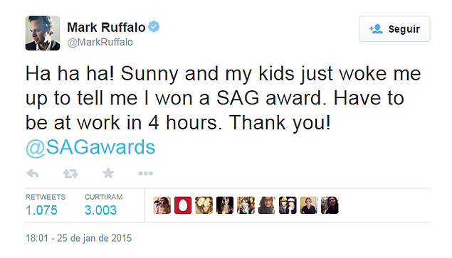 Após ser acordado pela mulher e filhos, Mark Ruffalo agradece pelo Twitter a premiação do SAG Awards --- https://twitter.com/MarkRuffalo/status/559531553995251714