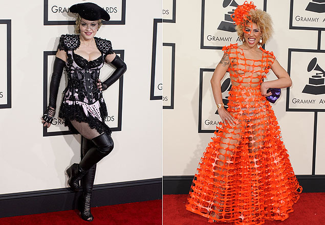 À esquerda, Madonna usa roupinha de toureiro e até levantou o saiote; à direita, Joy Villa não precisou levantar nada