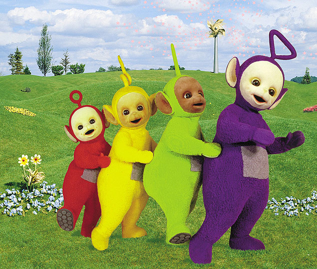 Po, Lala, Dipsy e Tinky Winky, os quatro bonecos da série infantil "Teletubbies" 