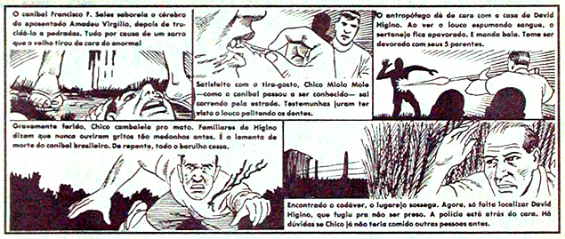 Storyboard publicado pelo "Notícias Populares" em 11 de agosto de 1991 conta a história do antropófago Francisco Fernandes Sales do momento do crime até a sua morte