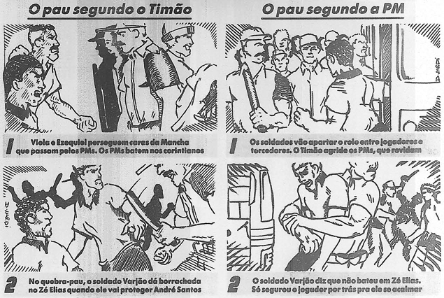 Ilustrações mostram as diferentes versões para a briga que marcou o pós-jogo do primeiro confronto entre Corinthians e Palmeiras na decisão do Paulista-95