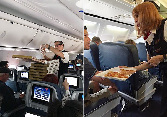 Comissários servem pizzas aos passageiros de um voo atrasado da companhia Delta